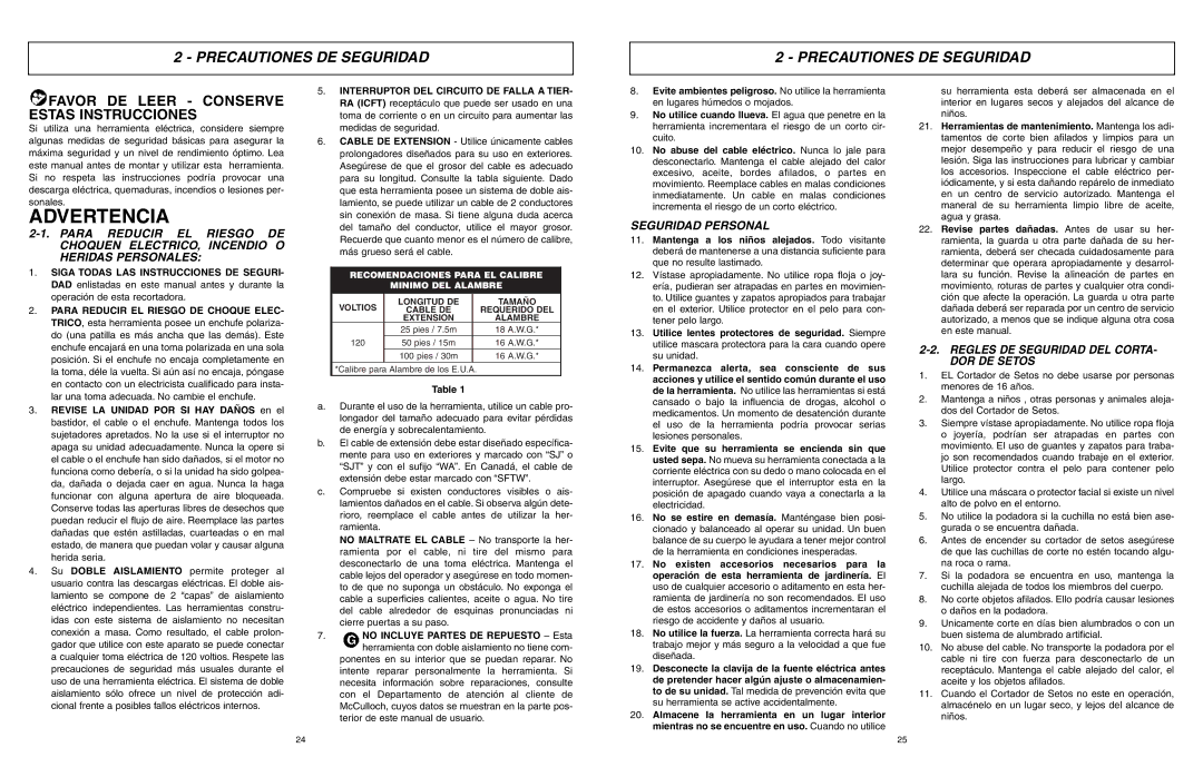 McCulloch 6096-203A12 user manual Advertencia, Precautiones DE Seguridad, Seguridad Personal 