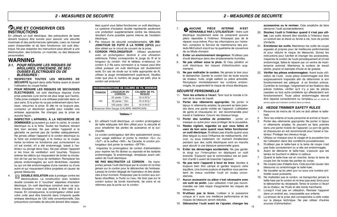 McCulloch 6096-203A12 user manual Measures DE Securite, Sécurité Personnelle, Tableau 