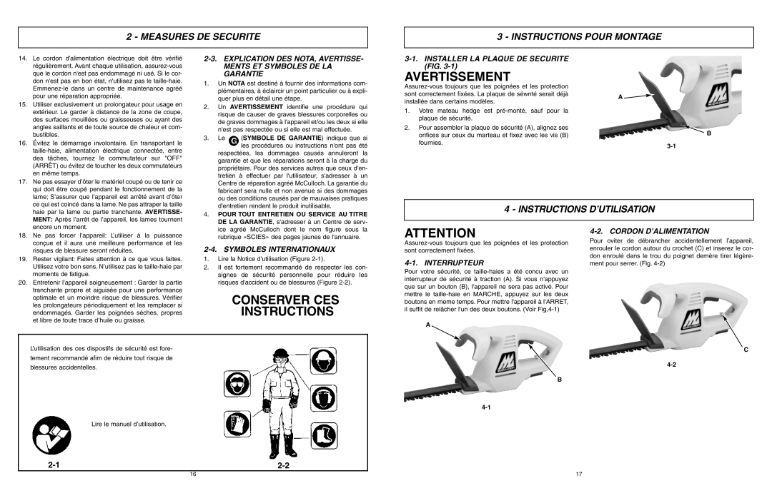 McCulloch 6096-203A12 user manual Avertissement, Conserver CES, Instructions Pour Montage, Instructions D’UTILISATION 