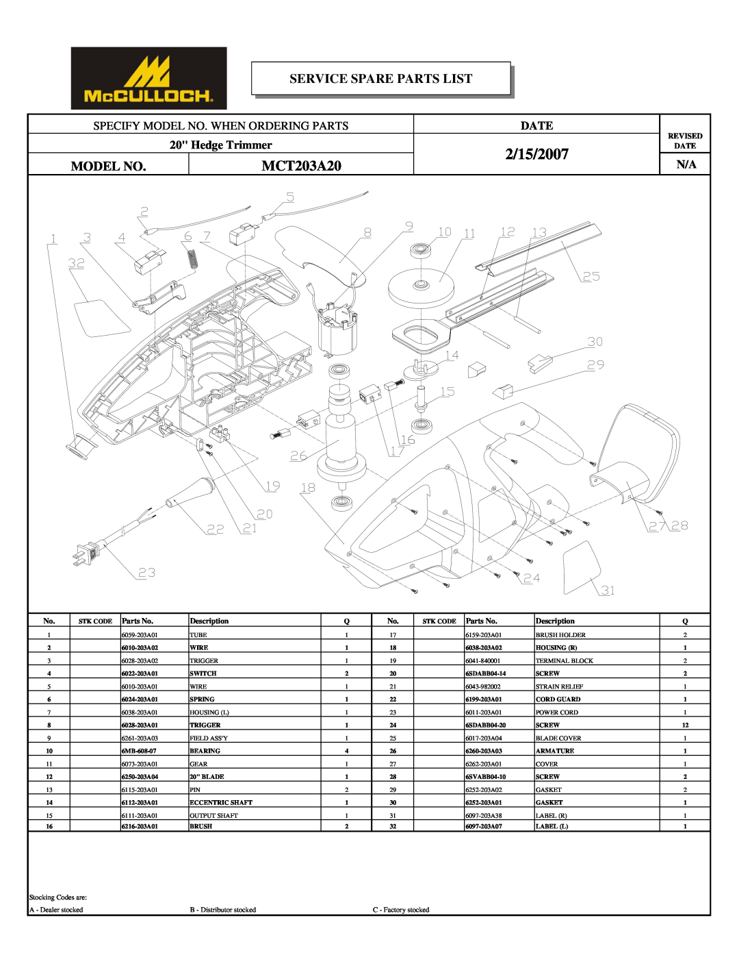 McCulloch 6096-203A12 2/15/2007, MCT203A20, Service Spare Parts List, Specify Model No. When Ordering Parts, Date 