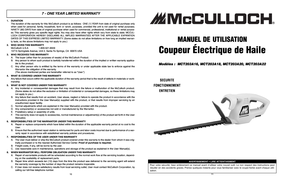 McCulloch 6096-203A12 user manual Coupeur Électrique de Haile, Manuel De Utilisation, One Year Limited Warrnaty, Duration 