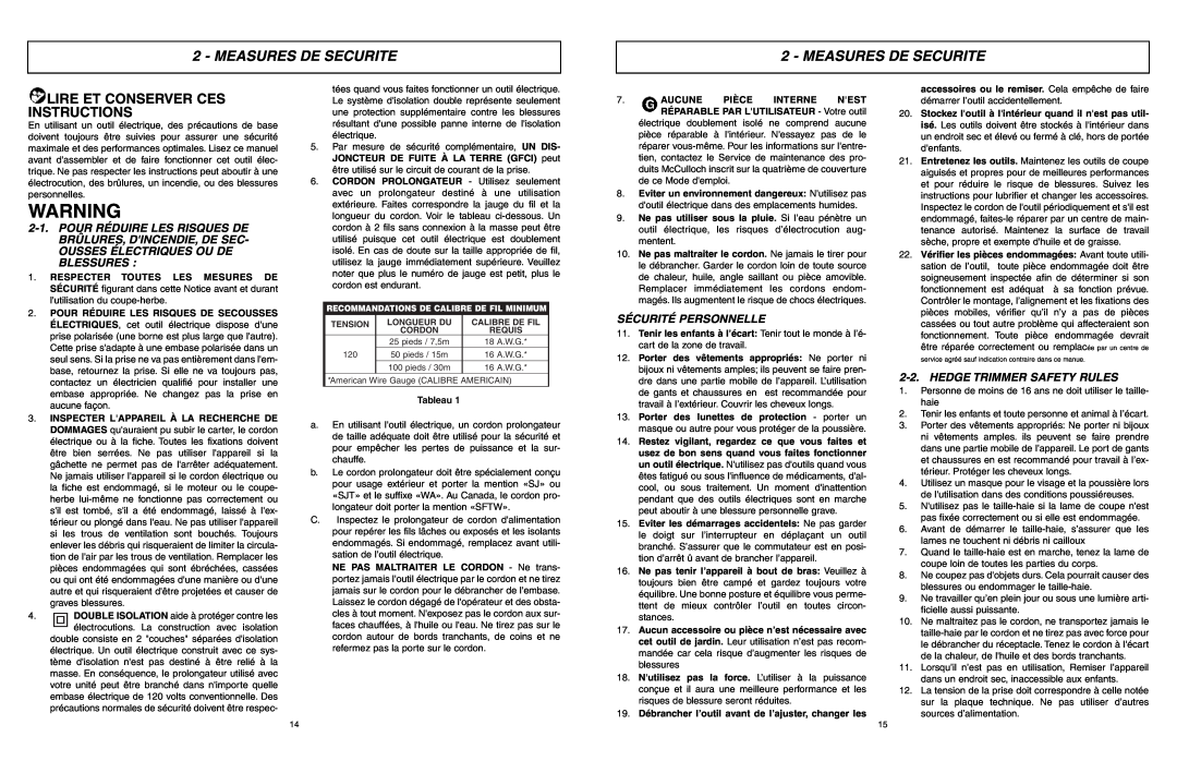 McCulloch 6096-203A12 user manual Measures De Securite, Lire Et Conserver Ces Instructions, Sécurité Personnelle, Tableau 