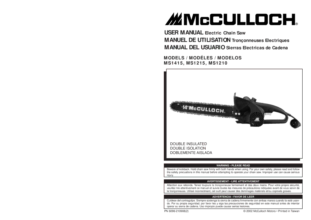 McCulloch 6096-210908(2) user manual Models / Modéles / Modelos 