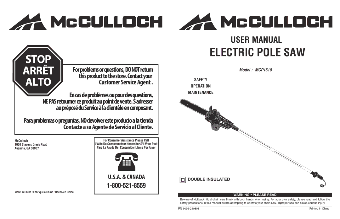 McCulloch 6096201212 manual Electric Pole SAW 