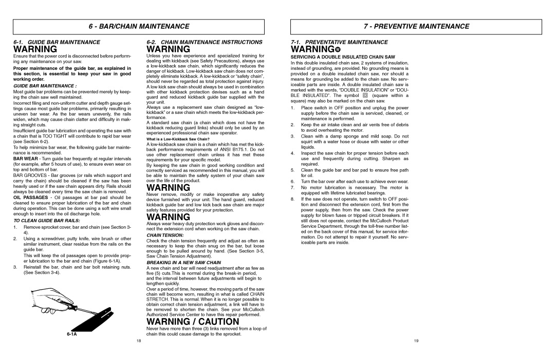 McCulloch 6096201212 BAR/CHAIN Maintenance Preventive Maintenance, Guide BAR Maintenance, Chain Maintenance Instructions 