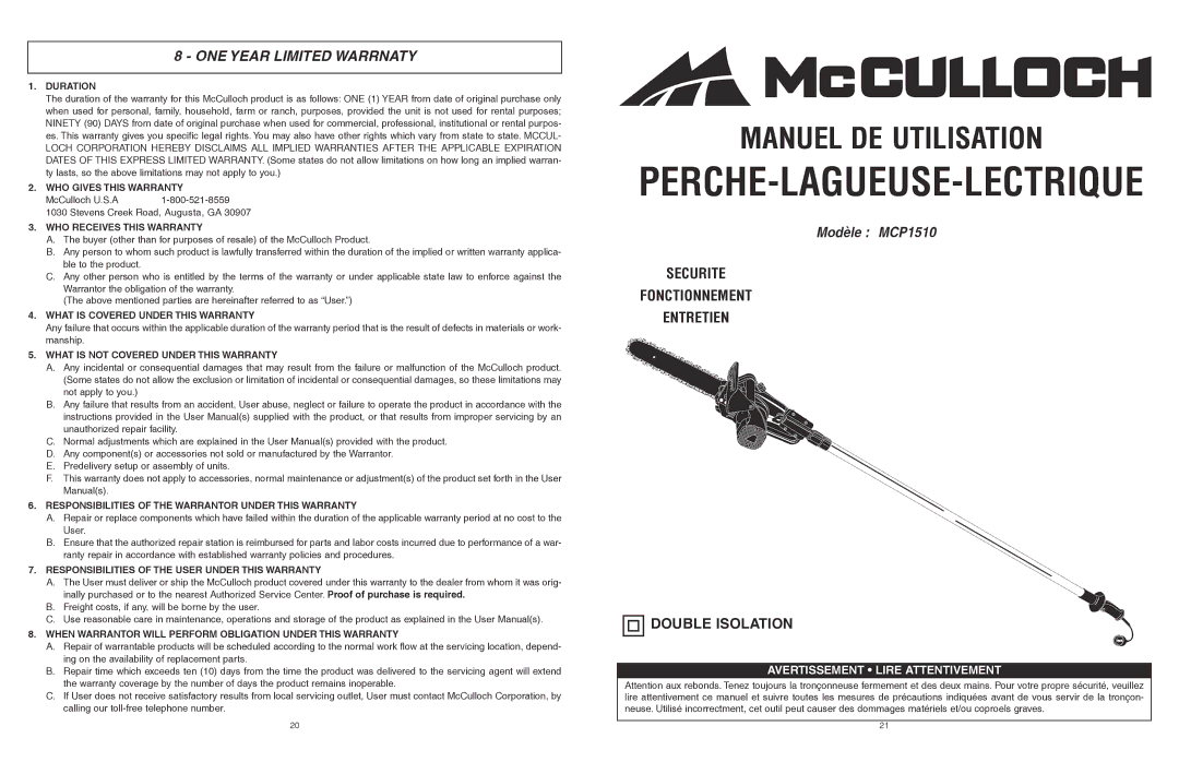 McCulloch 6096201212 manual ONE Year Limited Warrnaty 