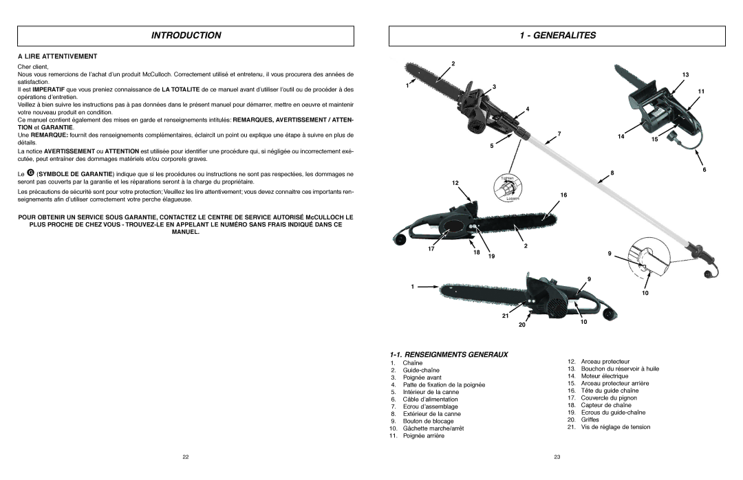 McCulloch 6096201212 manual Introduction Generalites, Renseignments Generaux 