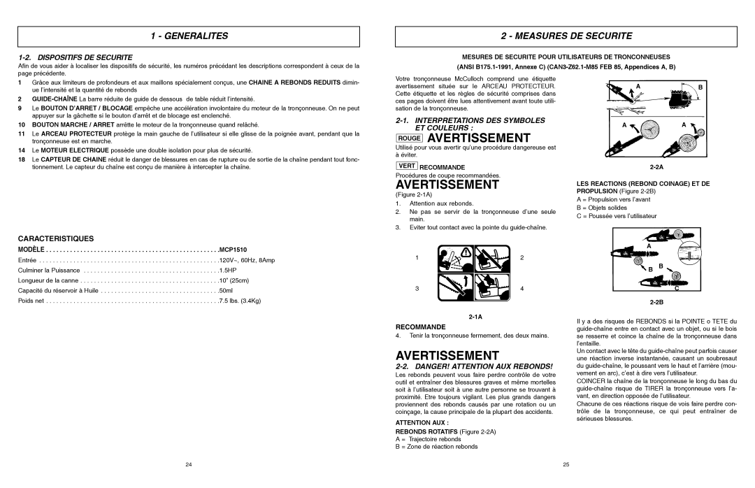 McCulloch 6096201212 manual Rouge Avertissement, Measures DE Securite, Dispositifs DE Securite 