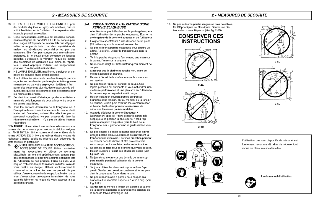 McCulloch 6096201212 manual Conserver CES Instructions, Precautions D’UTILISATION D’UNE Perche Elagueuse 