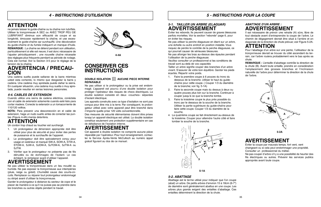 McCulloch 6096201212 Advertencia / PRECAU- Cion, Advertissement, Instructions D’UTILISATION Instructions Pour LA Coupe 