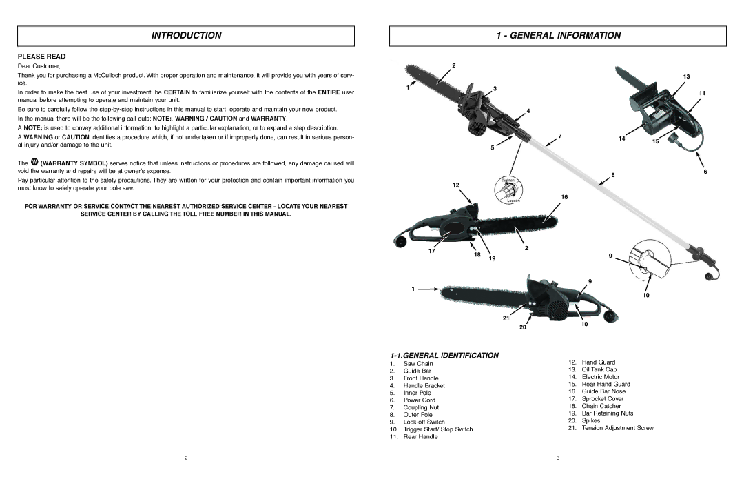 McCulloch 6096201212 manual Introduction, General Information, General Identification 