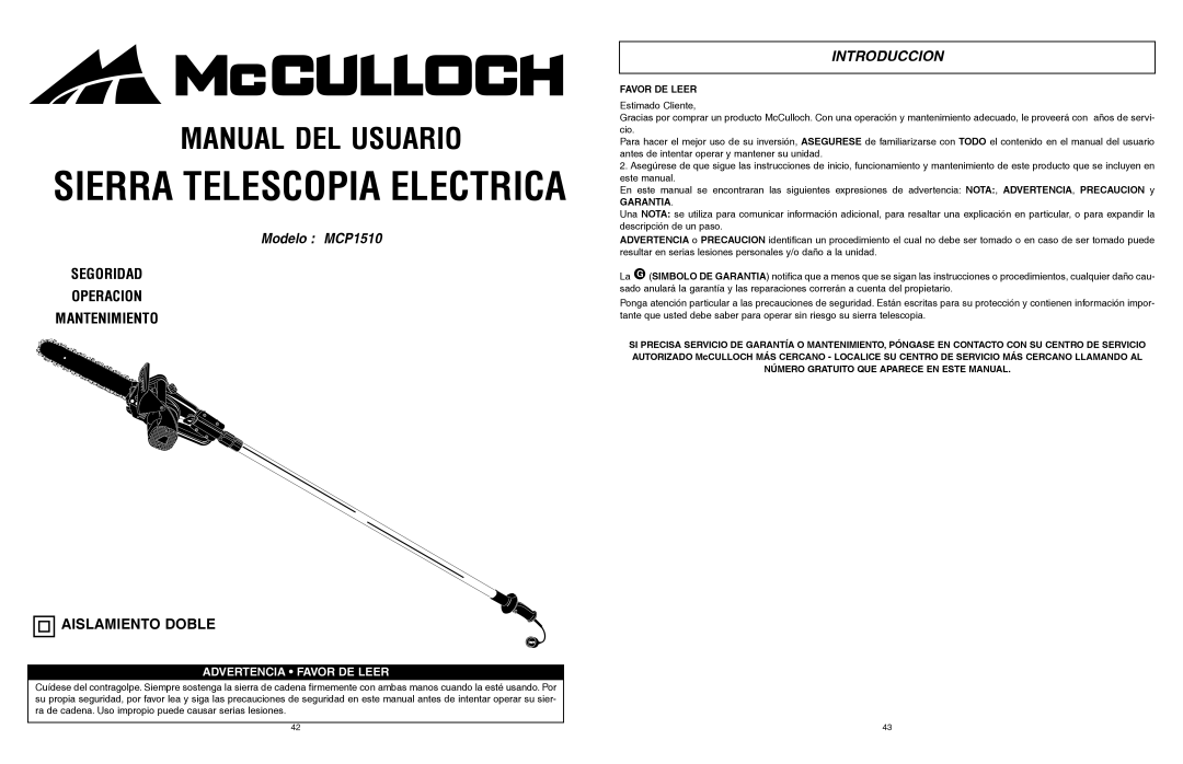 McCulloch 6096201212 manual Introduccion, Favor DE Leer, Garantia 