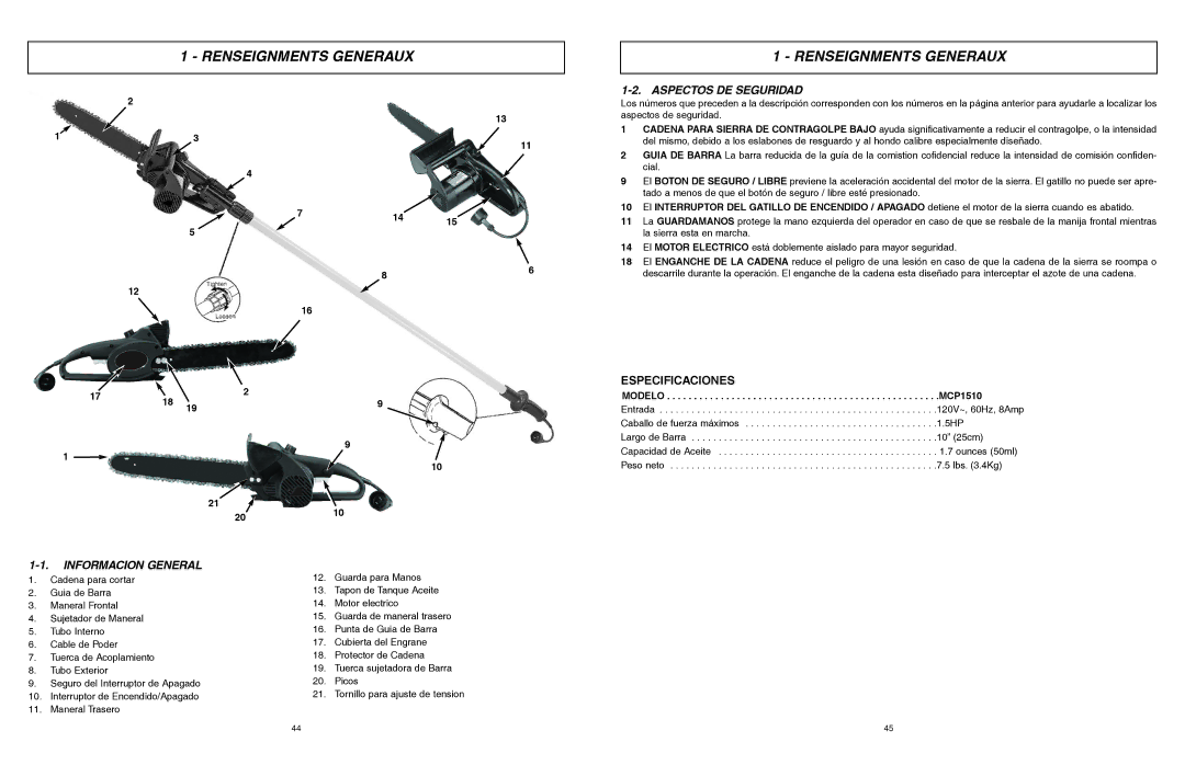 McCulloch 6096201212 manual Renseignments Generaux, Aspectos DE Seguridad Informacion General 