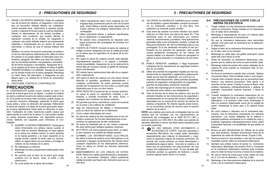 McCulloch 6096201212 manual Precauciones DE Corte CON LA Sierra Telescopica 