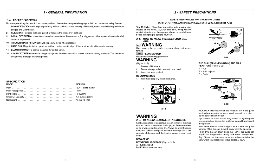 McCulloch 6096201212 manual RED Warning, Safety Precautions, Safety Features, HOW to Read Symbols and COL- ORS 