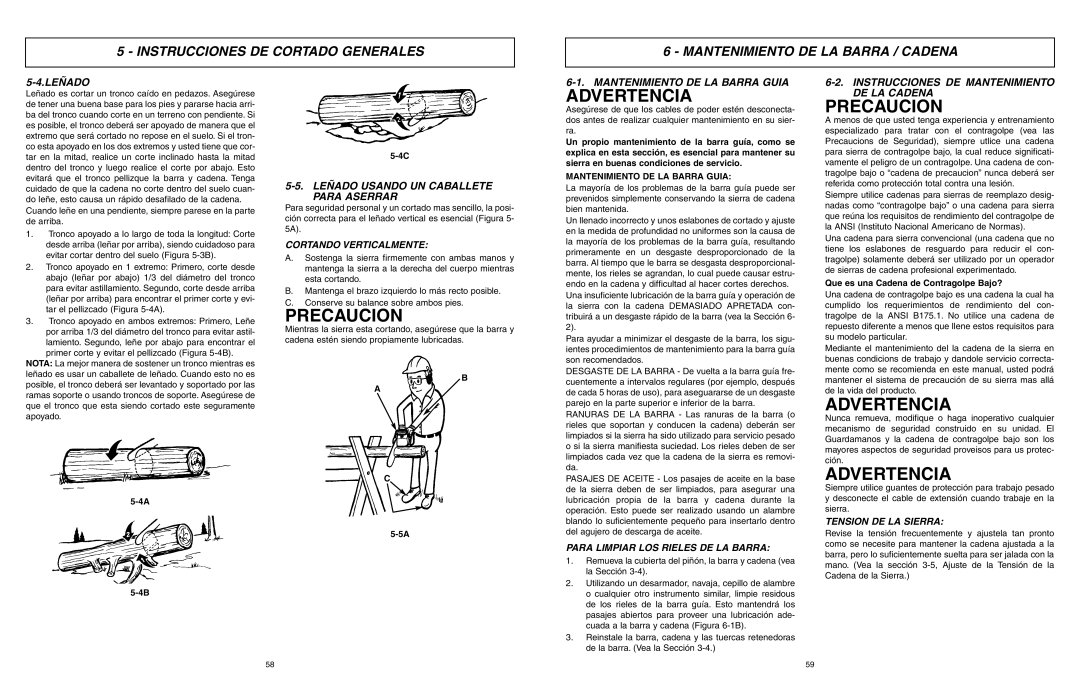 McCulloch 6096201212 manual Leñado Usando UN Caballete Para Aserrar, Mantenimiento DE LA Barra Guia 