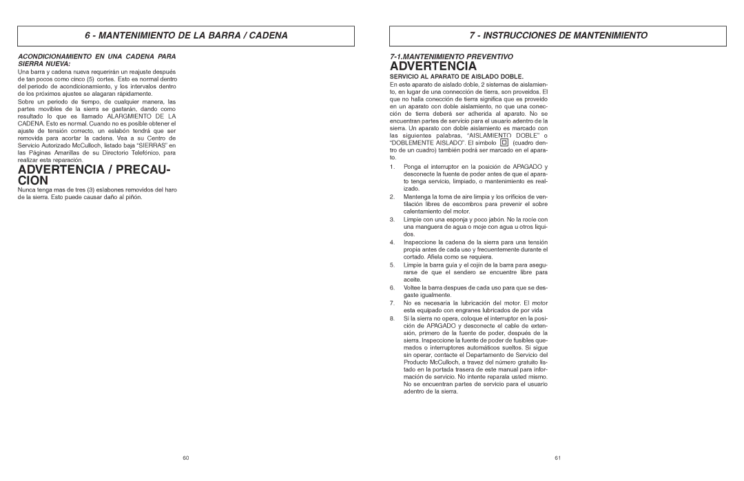 McCulloch 6096201212 manual Advertencia / Precau Cion, Instrucciones DE Mantenimiento, Mantenimiento Preventivo 