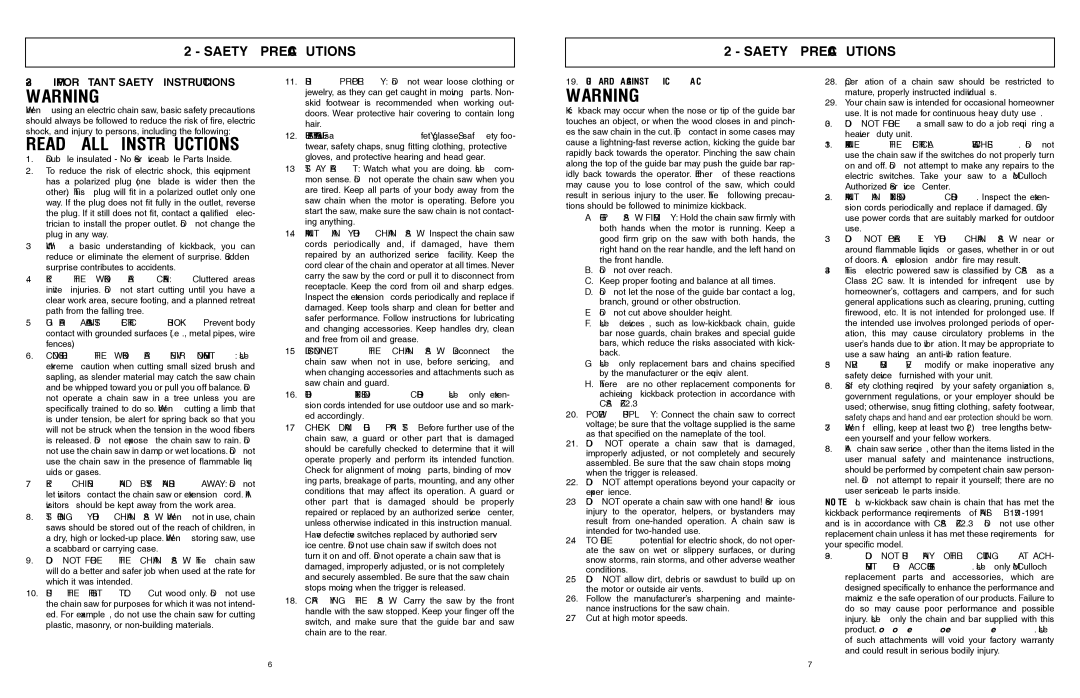 McCulloch 6096201212 manual Read ALL Instructions, Important Safety Instructions, Guard Against Kickback 