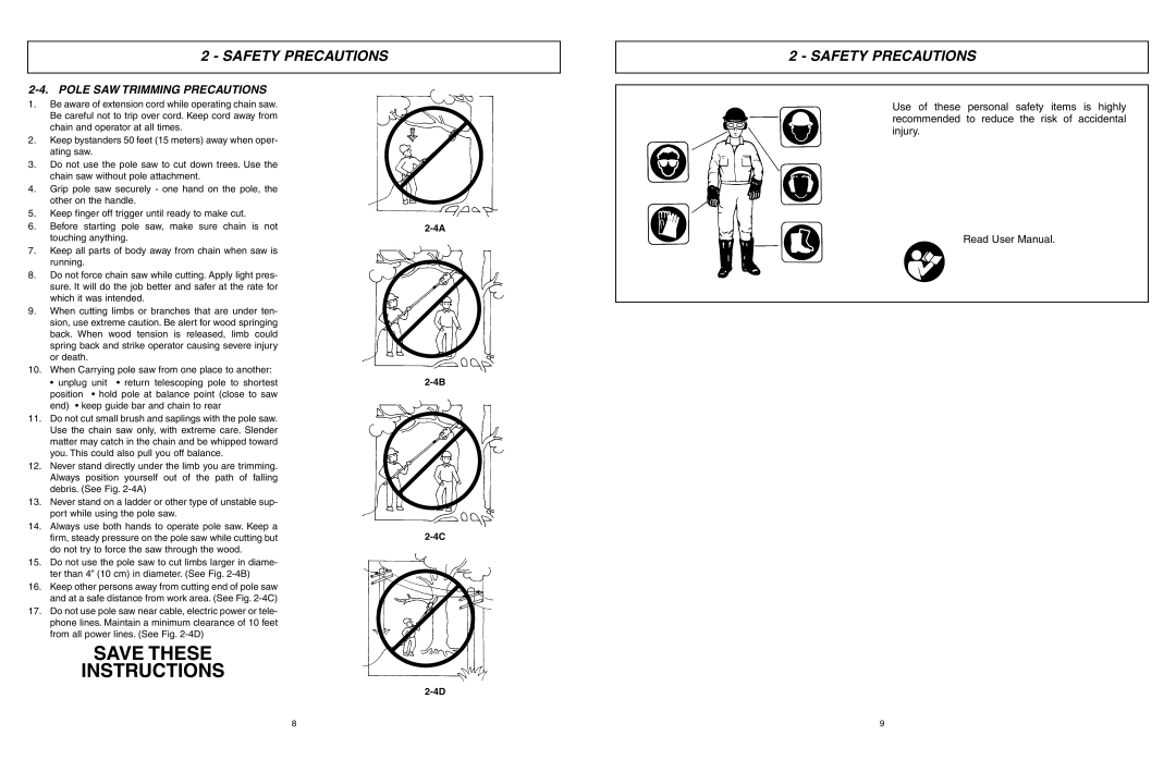 McCulloch 6096201212 manual Save These Instructions, Pole SAW Trimming Precautions 