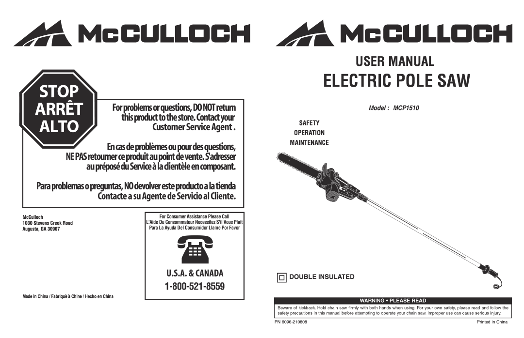 McCulloch 6096201212 manual Safety Operation Maintenance, Double Insulated, Para La Ayuda Del Consumidor Llame Por Favor 
