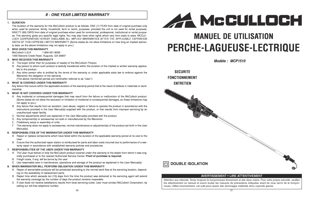 McCulloch 6096201212 Manuel De Utilisation, One Year Limited Warrnaty, Modèle MCP1510, Securite Fonctionnement Entretien 