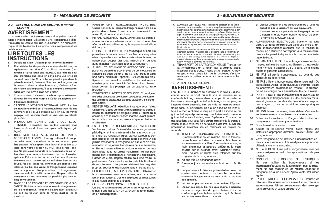McCulloch 6096201212 manual Lire Toutes Les Instructions, Avertissement, Instructions De Securite Impor- Tantes 