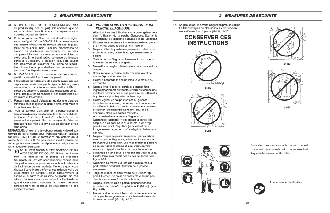 McCulloch 6096201212 manual Conserver Ces Instructions, 2-4C 2-4A 2-4D 2-4B, Measures De Securite 