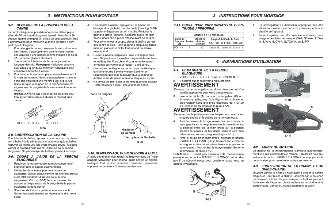McCulloch 6096201212 Instructions D’Utilisation, Reglage De La Longueur De La Canne, Choix D’Un Prolongateur Elec, 4-1B C 