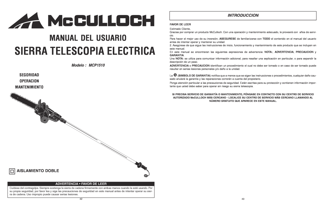 McCulloch 6096201212 Manual Del Usuario, Modelo MCP1510, Segoridad Operacion Mantenimiento, Aislamiento Doble, Garantia 