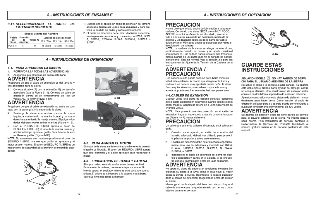 McCulloch 6096201212 Advertencia Precaucion, Instrucciones De Operacion, Seleccionando El, Cable De, Para Apagar El Motor 