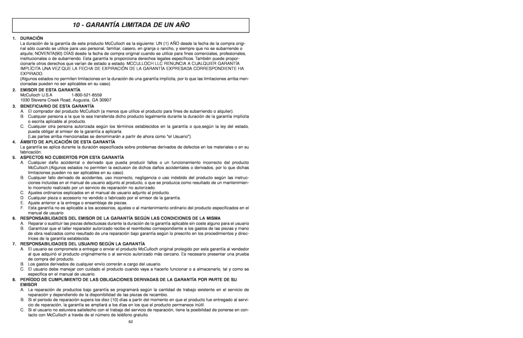 McCulloch 6096201212 manual Garantía Limitada De Un Año, Duración, Emisor De Esta Garantía, Beneficiario De Esta Garantía 