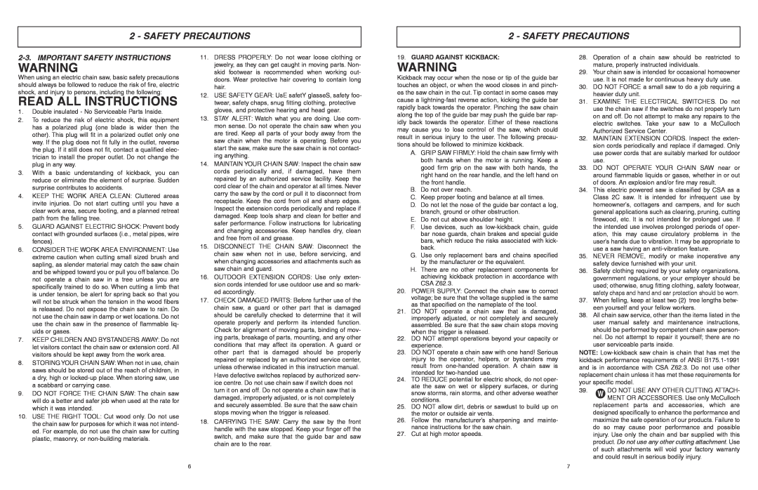 McCulloch 6096201212 Read All Instructions, Important Safety Instructions, Guard Against Kickback, Safety Precautions 
