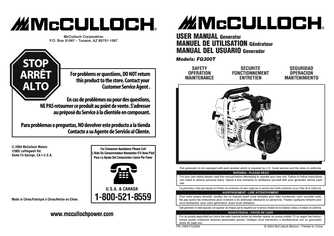 McCulloch 7096-FG3006 user manual Models FG300T 