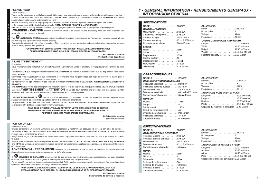 McCulloch 7096-FG3006, FG300T user manual Specifications, Caracteristiques, Especificaciones 