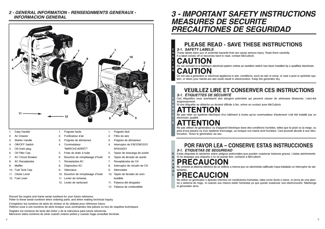 McCulloch FG300T LI Caution, NC Attention, Safety Labels, Étiquettes DE Sécurité, Easy Handle Poignée facile Poignée fácil 