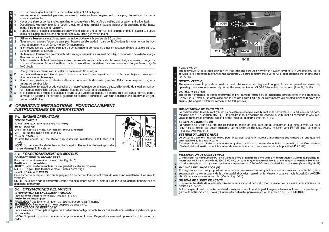 McCulloch 7096-FG3006, FG300T user manual Engine Operations, Fonctionnement DU Moteur, Operaciones DEL Motor 