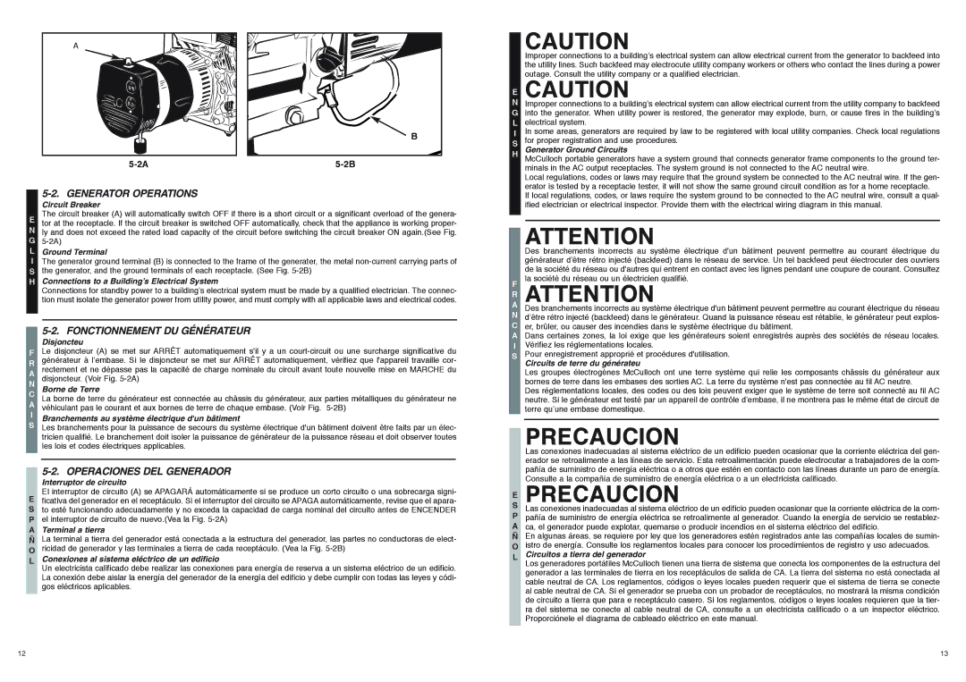 McCulloch FG300T, 7096-FG3006 Precaucion, Generator Ground Circuits, La société du réseau ou un électricien qualifié 