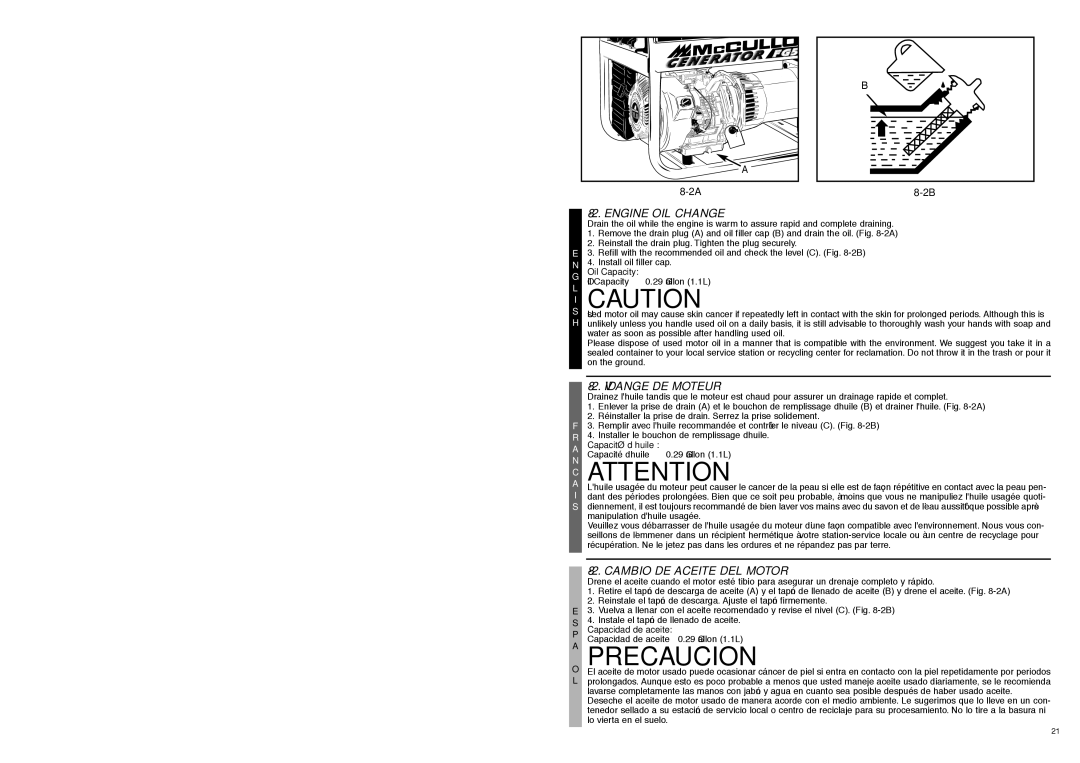 McCulloch 7096-FG5733 user manual Engine OIL Change, Vidange DE Moteur, Cambio DE Aceite DEL Motor 