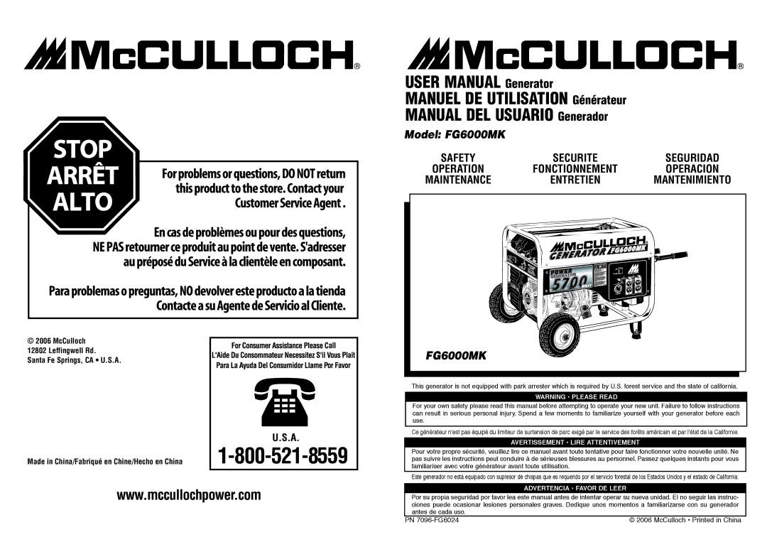 McCulloch 7096-FG6024 manual Model FG6000MK 