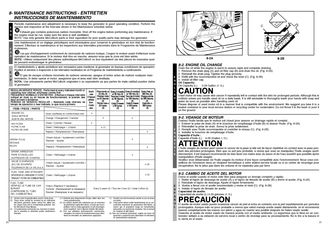 McCulloch FG6000MK, 7096-FG6024 manual Engine OIL Change, Vidange DE Moteur, Cambio DE Aceite DEL Motor 
