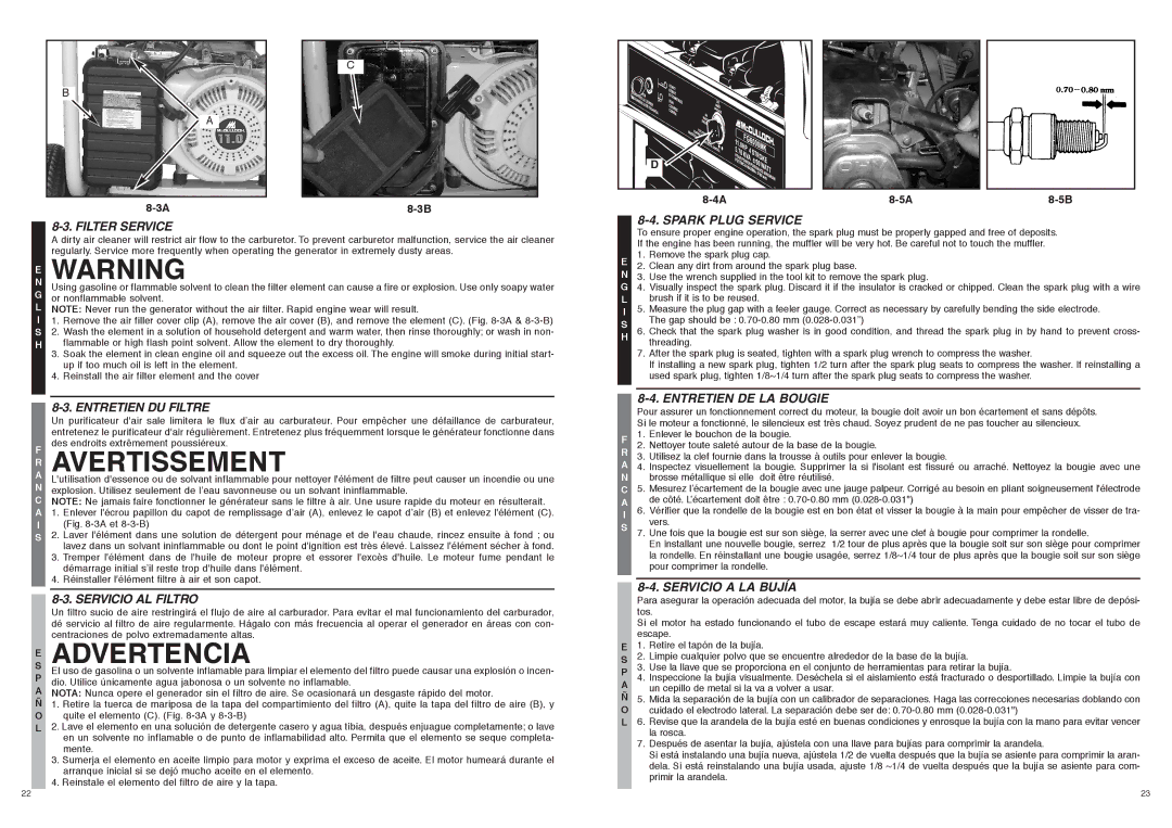 McCulloch 7096-FG6024, FG6000MK manual Filter Service Spark Plug Service, Entretien DE LA Bougie, Entretien DU Filtre 