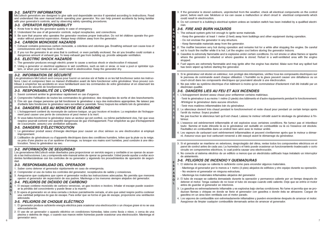 McCulloch 7096-FG6024 manual Safety Information Operator Responsibility, Electric Shock Hazards, Information DE Sécurité 