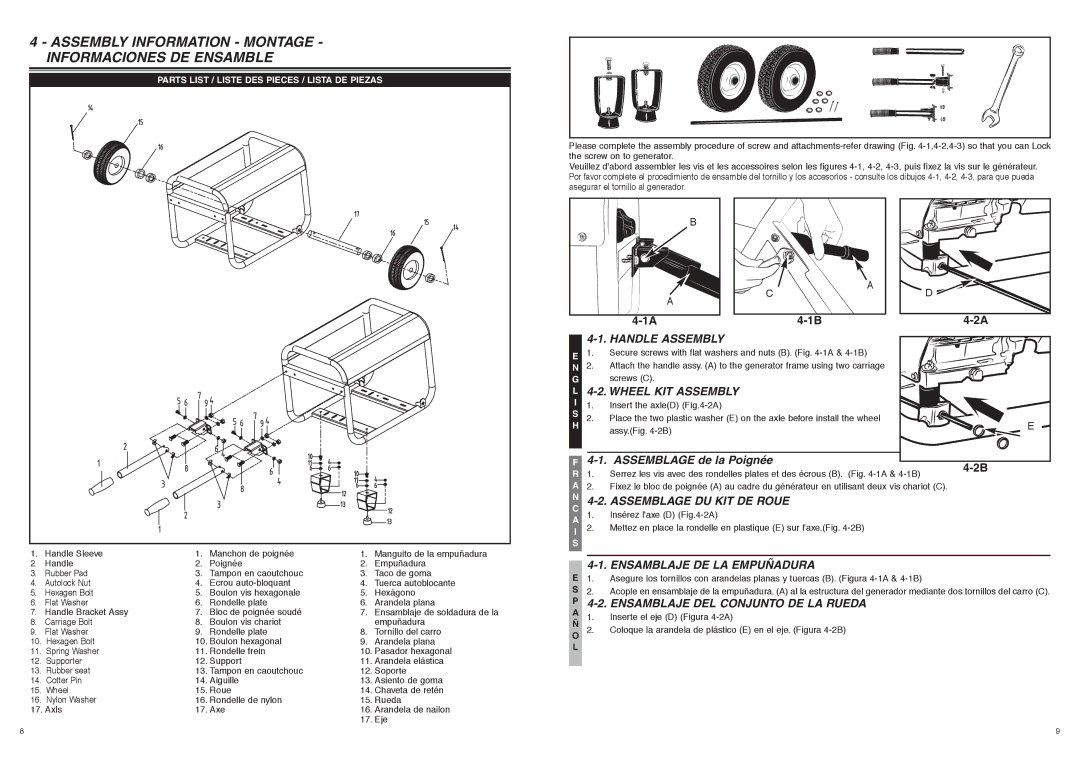 McCulloch FG6000MK manual Handle Assembly, Wheel KIT Assembly, Assemblage DU KIT DE Roue, Ensamblaje DE LA Empuñadura 