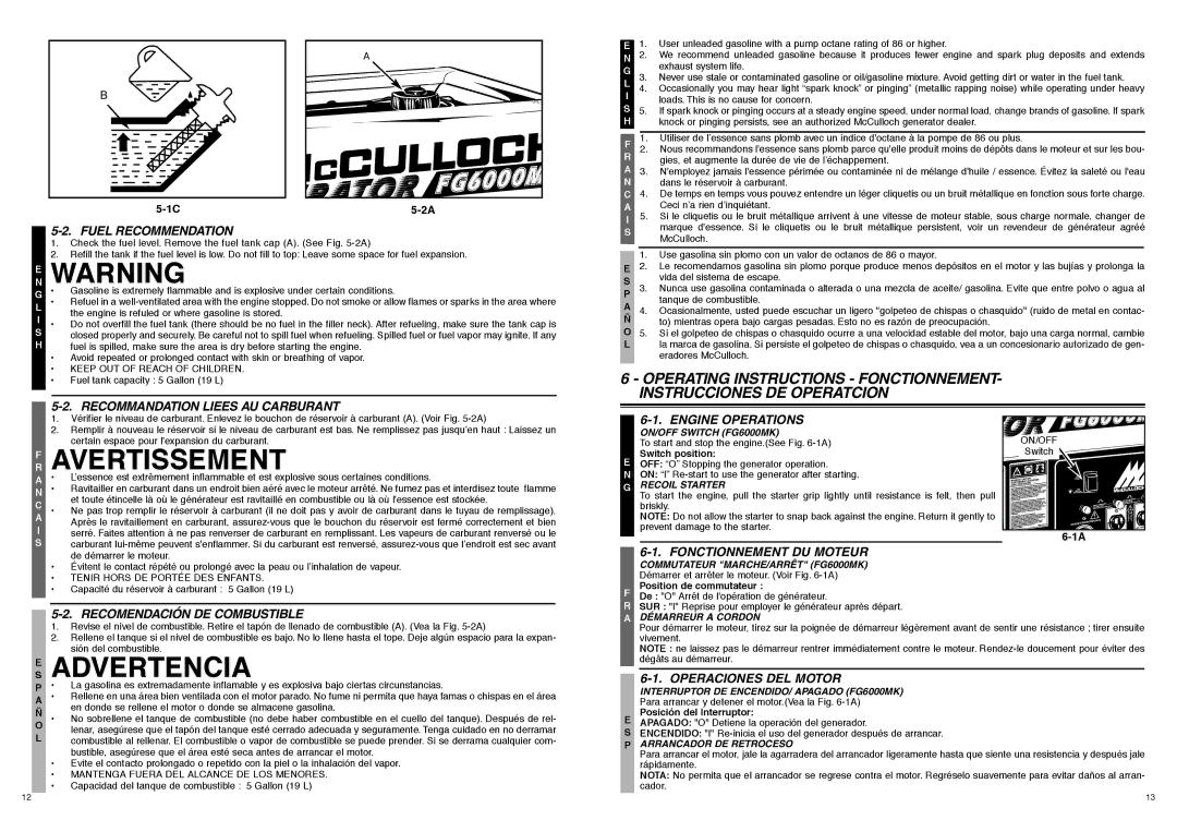 McCulloch FG6000MK, 7096-FG6024 manual Recommandation Liees AU Carburant, Engine Operations, Recomendación DE Combustible 