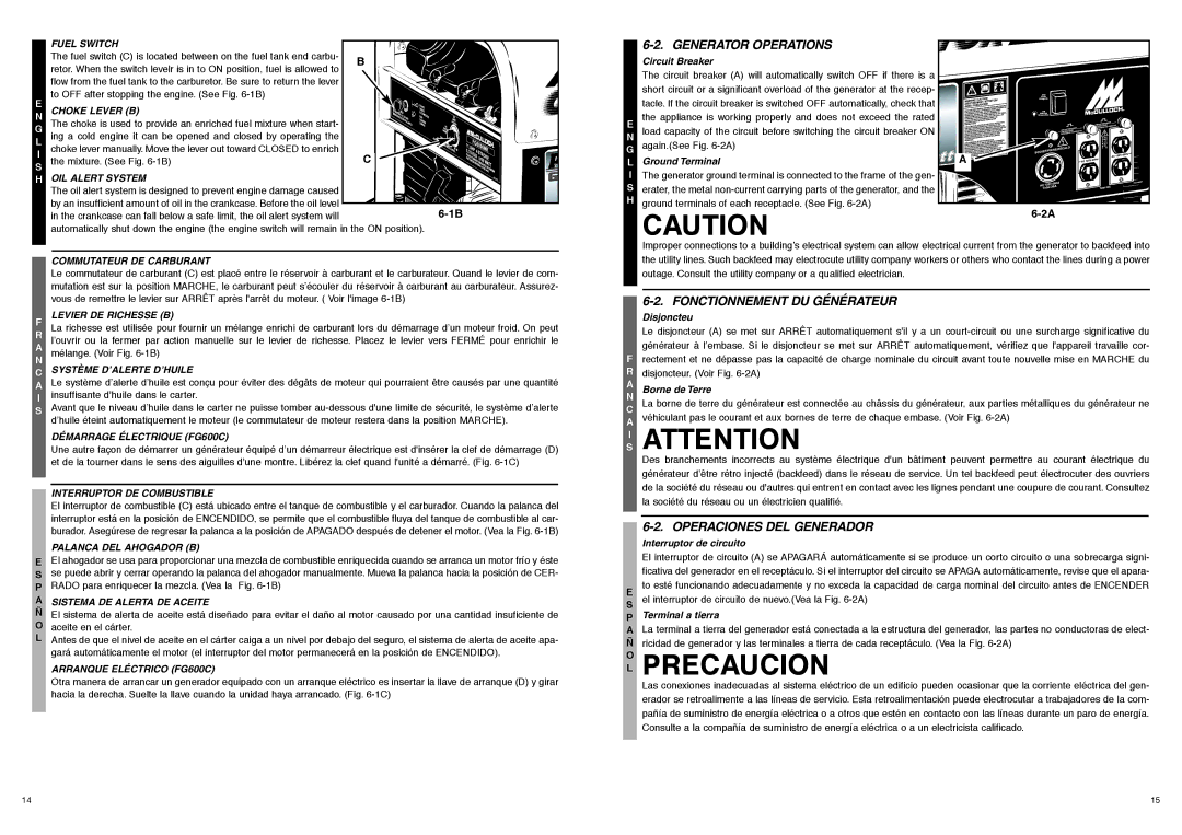 McCulloch 7096-FG6024, FG6000MK manual Generator Operations, Fonctionnement DU Générateur, Operaciones DEL Generador 