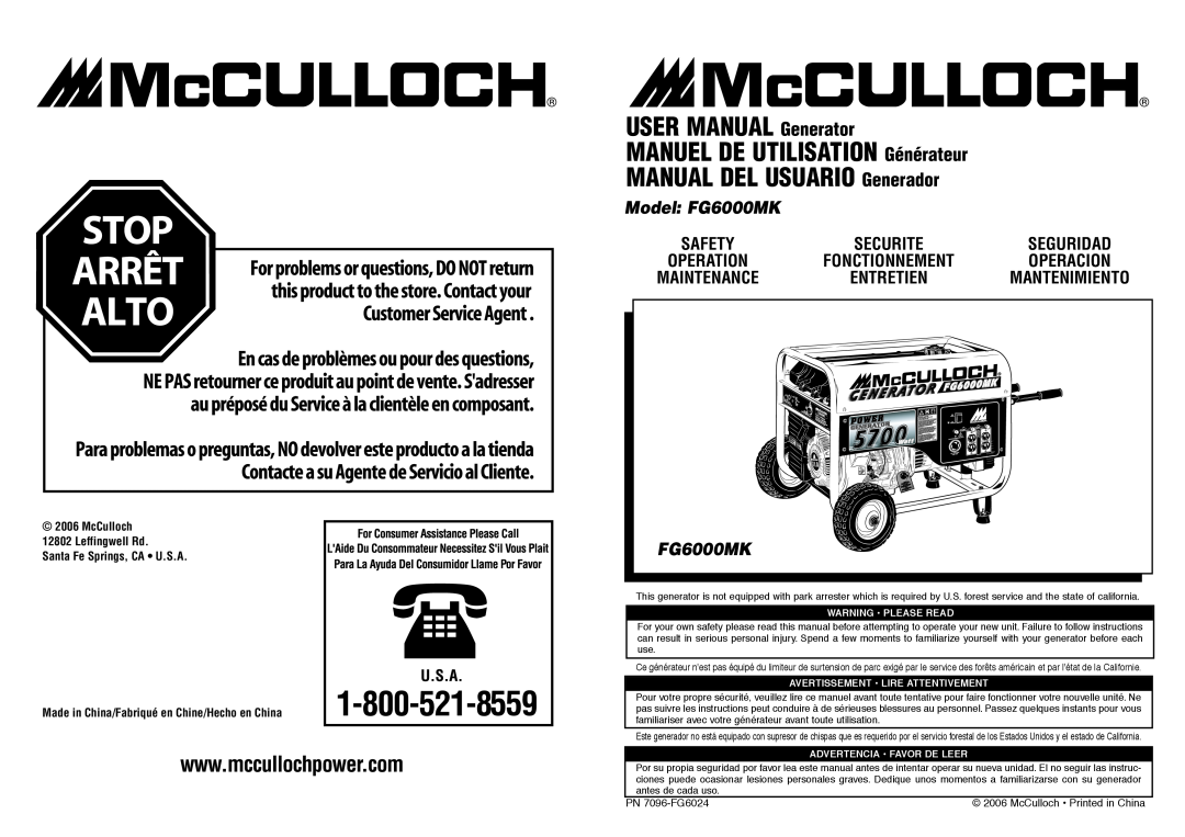 McCulloch FG6000MK manual McCulloch 12802 Leffingwell Rd Santa Fe Springs, CA U.S.A, MANUAL DEL USUARIO Generador, Safety 
