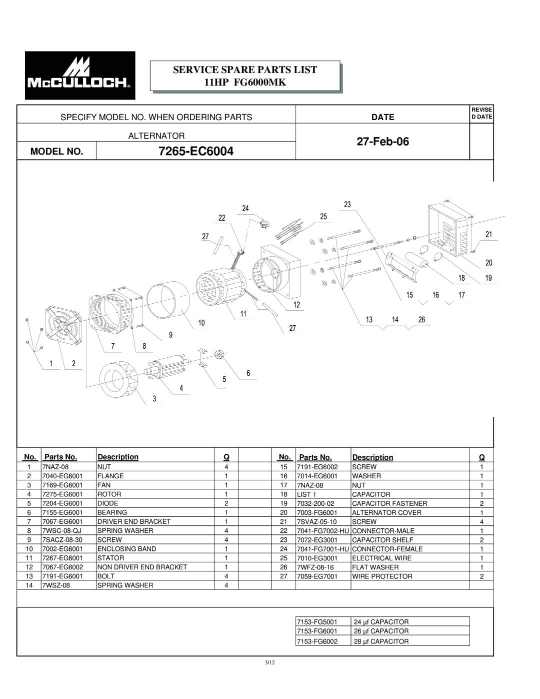 McCulloch 7096-FG6024 7265-EC6004, Feb-06, SERVICE SPARE PARTS LIST 11HP FG6000MK, Model No, Date, Alternator, Parts No 
