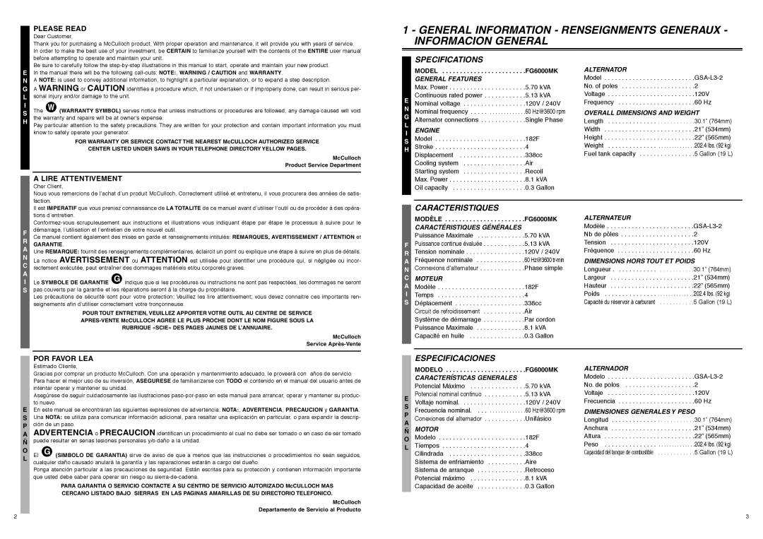 McCulloch 7096-FG6024 manual Specifications, Caracteristiques, Especificaciones, A Lire Attentivement, FG6000MK 