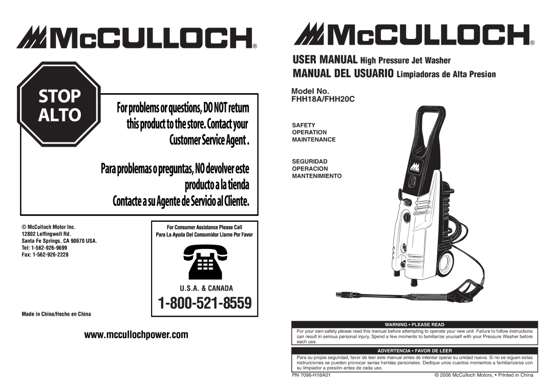 McCulloch 7096-H18A01 user manual Manual DEL Usuario Limpiadoras de Alta Presion 