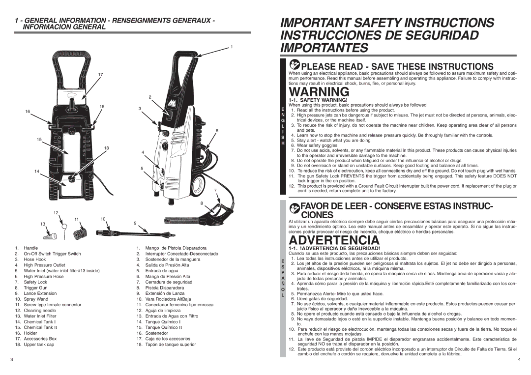 McCulloch 7096-H18A01 user manual General Information Renseignments Generaux, Safety Warning, Advertencia DE Seguridad 